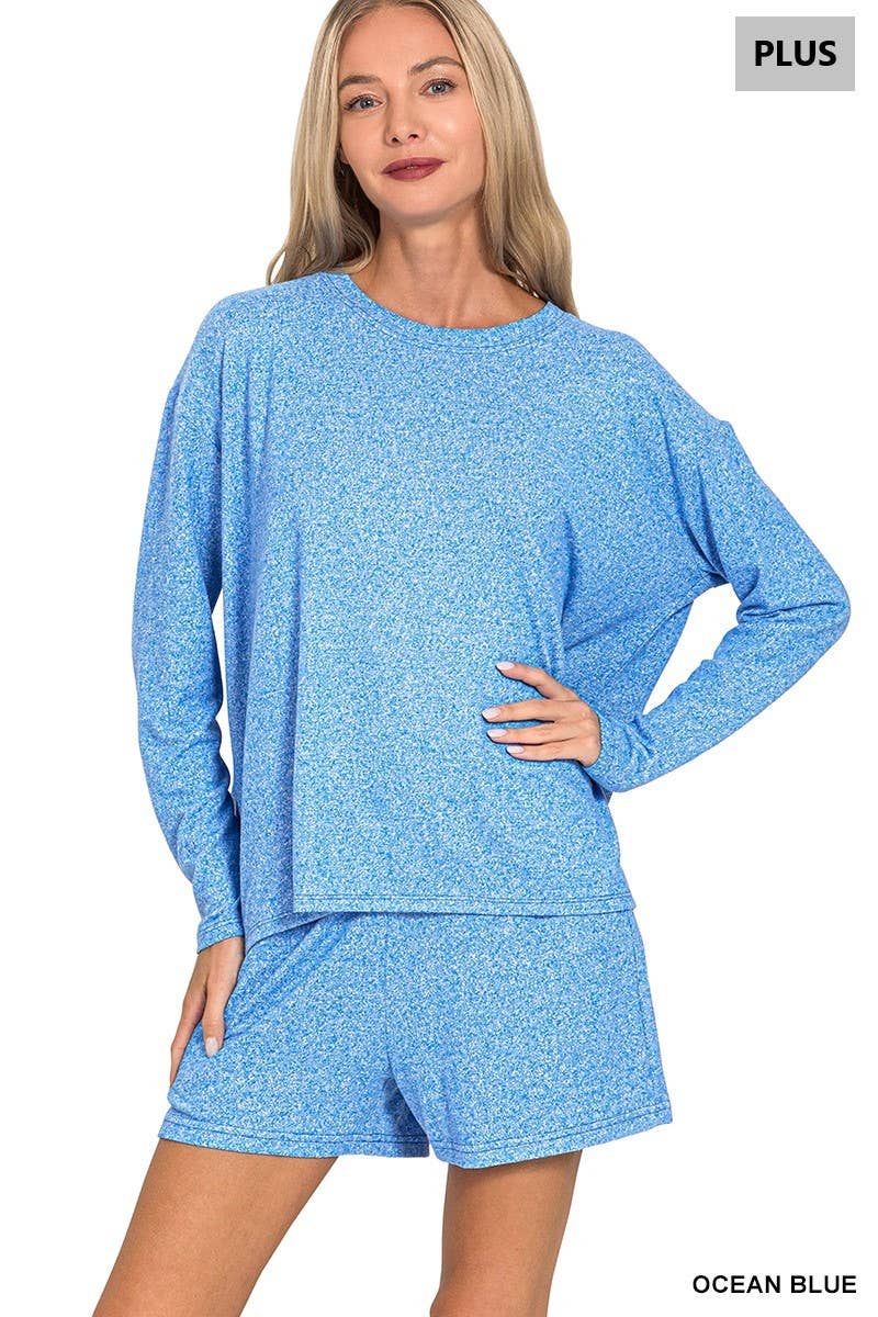 Plus Soft Melange Long Sleeve Tee And Shorts Set