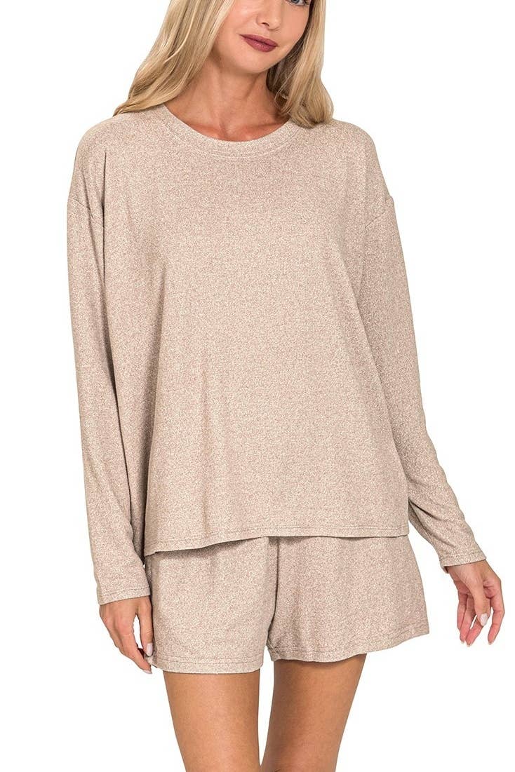 Plus Soft Melange Long Sleeve Tee And Shorts Set