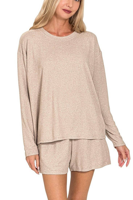 Plus Soft Melange Long Sleeve Tee And Shorts Set