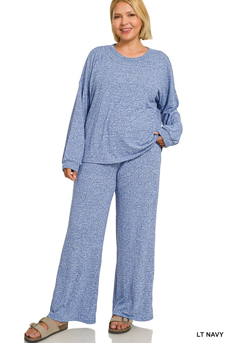 Plus Soft Melange Hacci Long Slv Tee And Pants Set