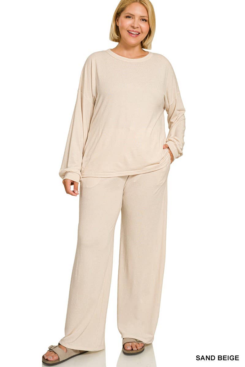 Plus Soft Melange Hacci Long Slv Tee And Pants Set