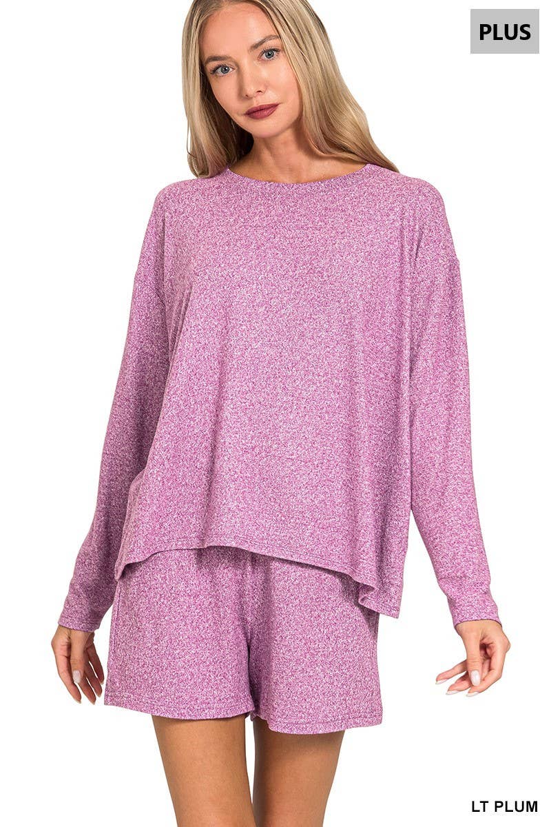Plus Soft Melange Long Sleeve Tee And Shorts Set
