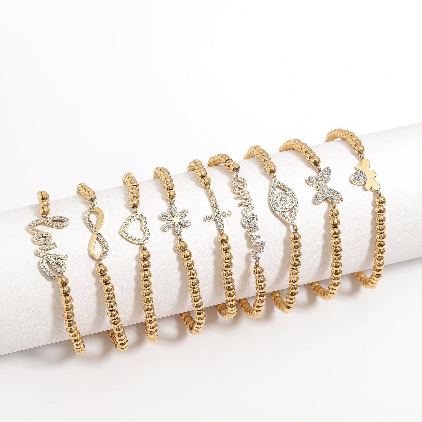 18K Gold PVD Stainless Steel Stone Infinity Sign Metal Beaded Stretch Bracelet