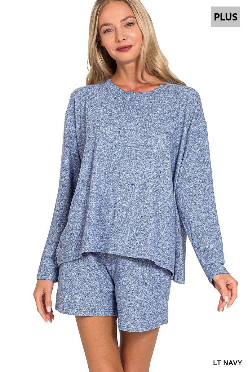 Plus Soft Melange Long Sleeve Tee And Shorts Set