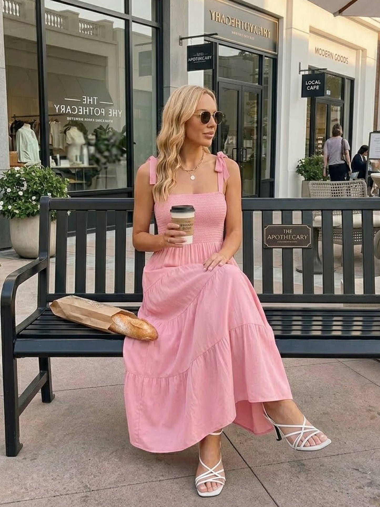 Smocked Tie-Shoulder Tiered Midi Dress
