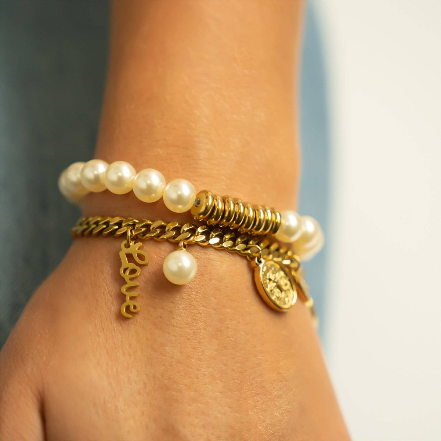 18K Gold PVD 8mm Kiska Glass Pearl Stretch Bracelet