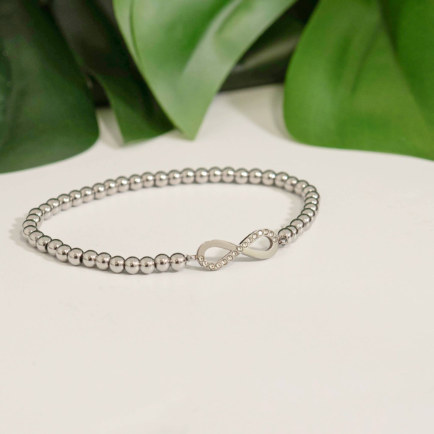 18K Gold PVD Stainless Steel Stone Infinity Sign Metal Beaded Stretch Bracelet