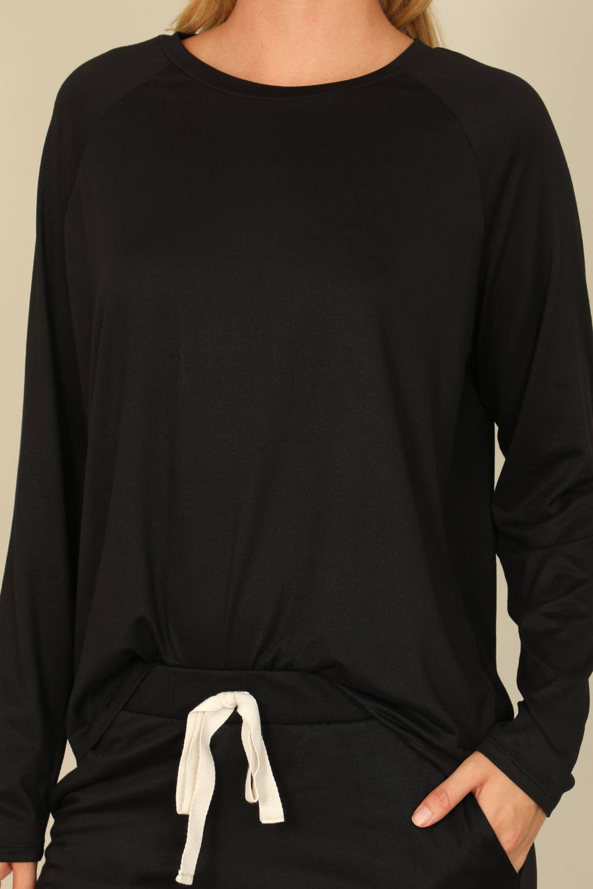 SOLID LONG SLEEVE TOP AND JOGGERS SET WITH SELF TIE - BLACK