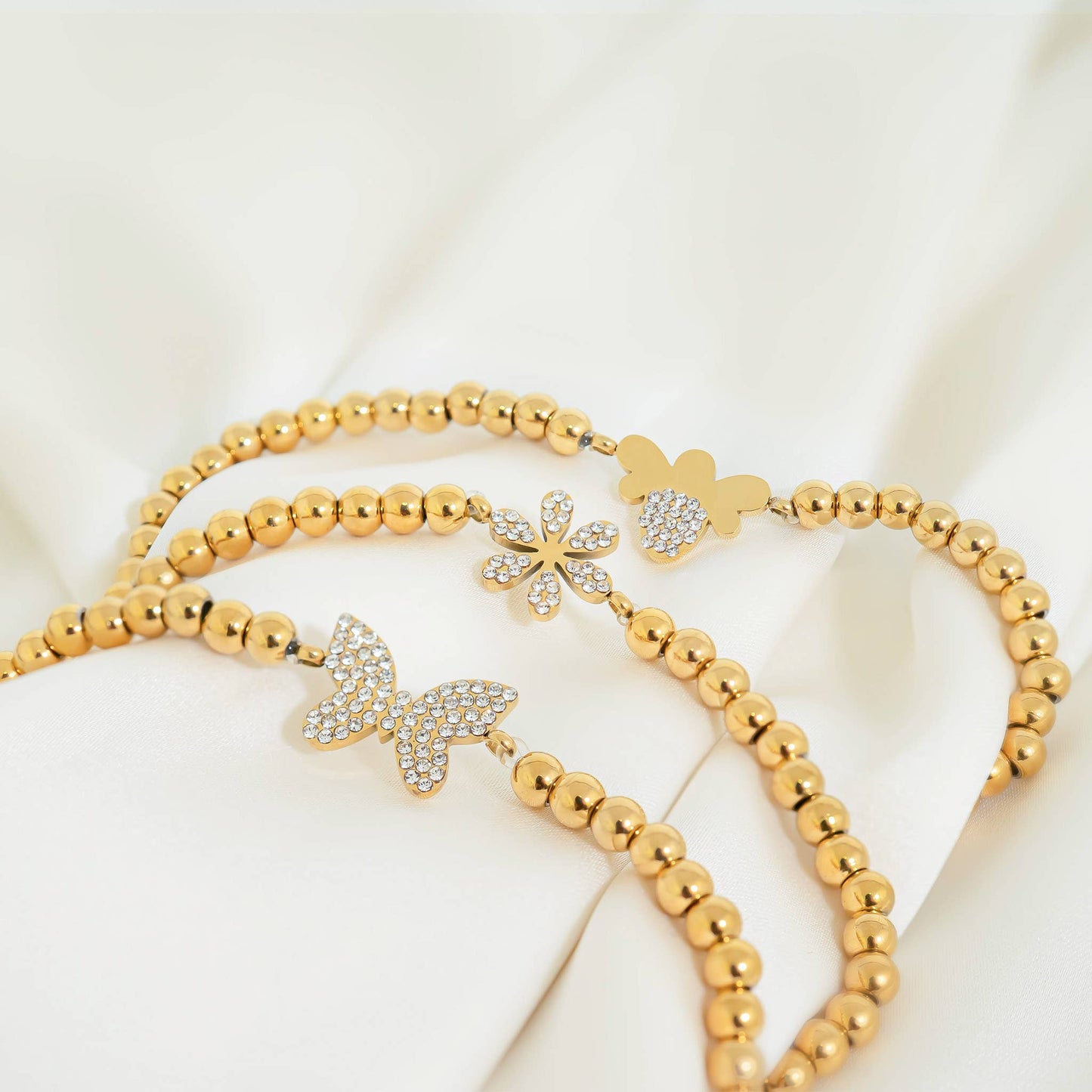 18K Gold PVD Stainless Steel Stone Bee Metal Beaded Stretch Bracelet