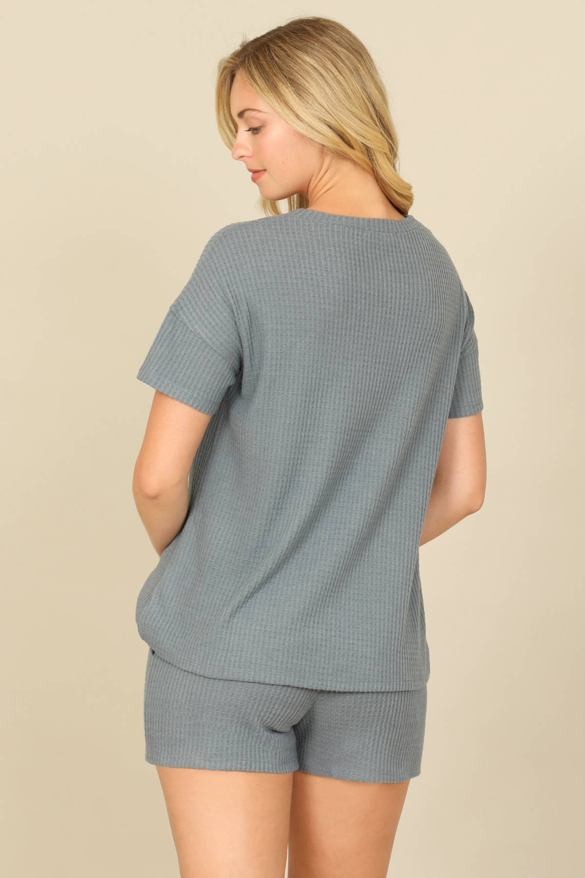 BRUSHED WAFFLE SHORT SLEEVE TOP AND ELASTIC WAIST SHORTS SET