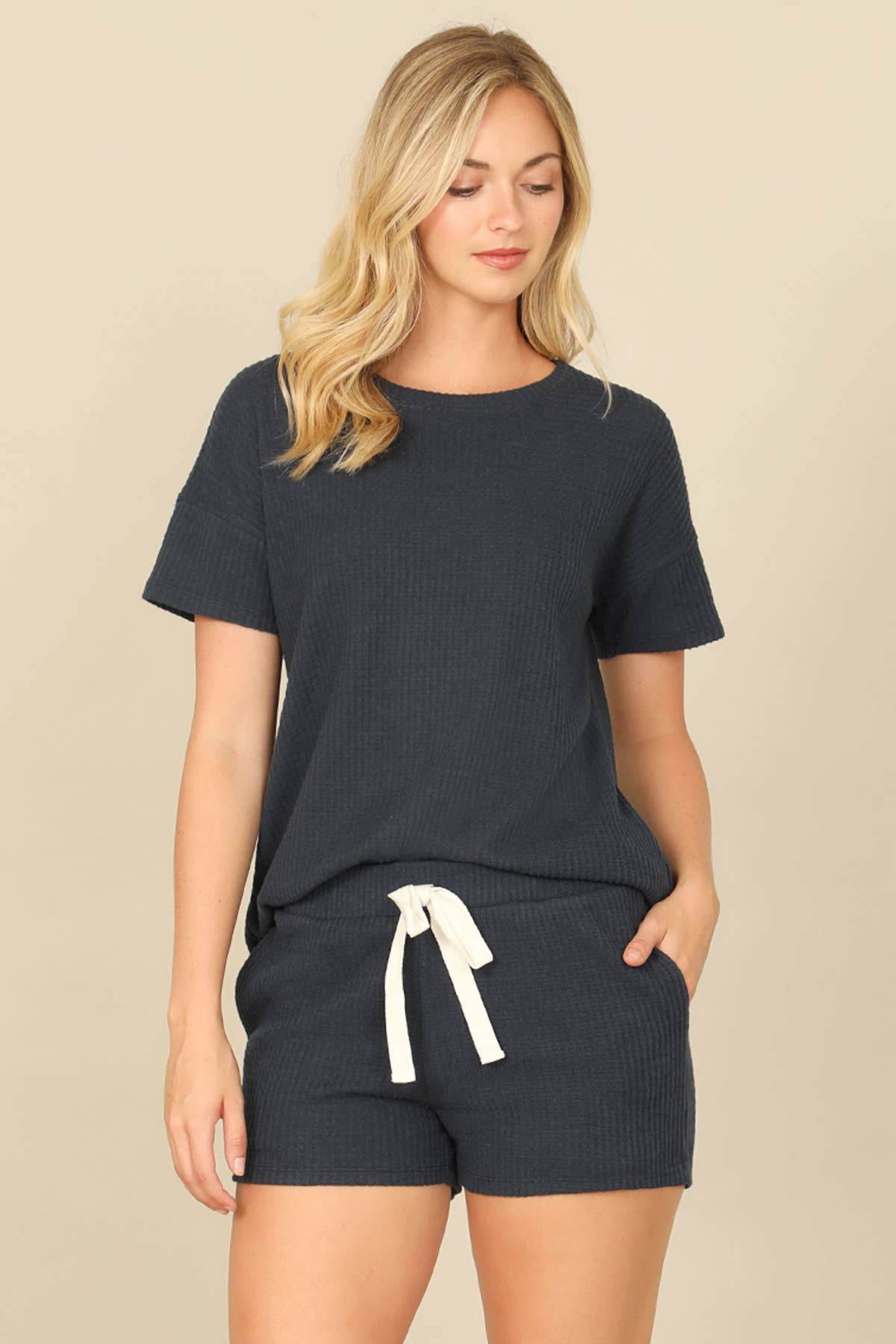 BRUSHED WAFFLE SHORT SLEEVE TOP AND ELASTIC WAIST SHORTS SET