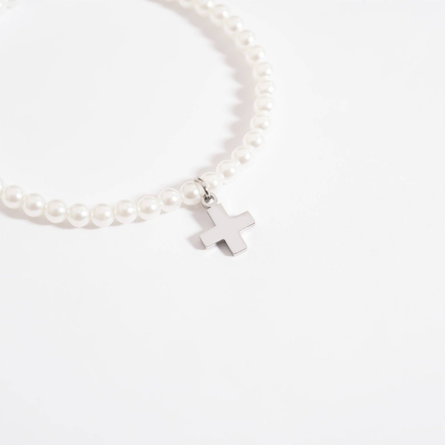 18K Gold PVD Cross Charm Pearl Beaded Bracelet