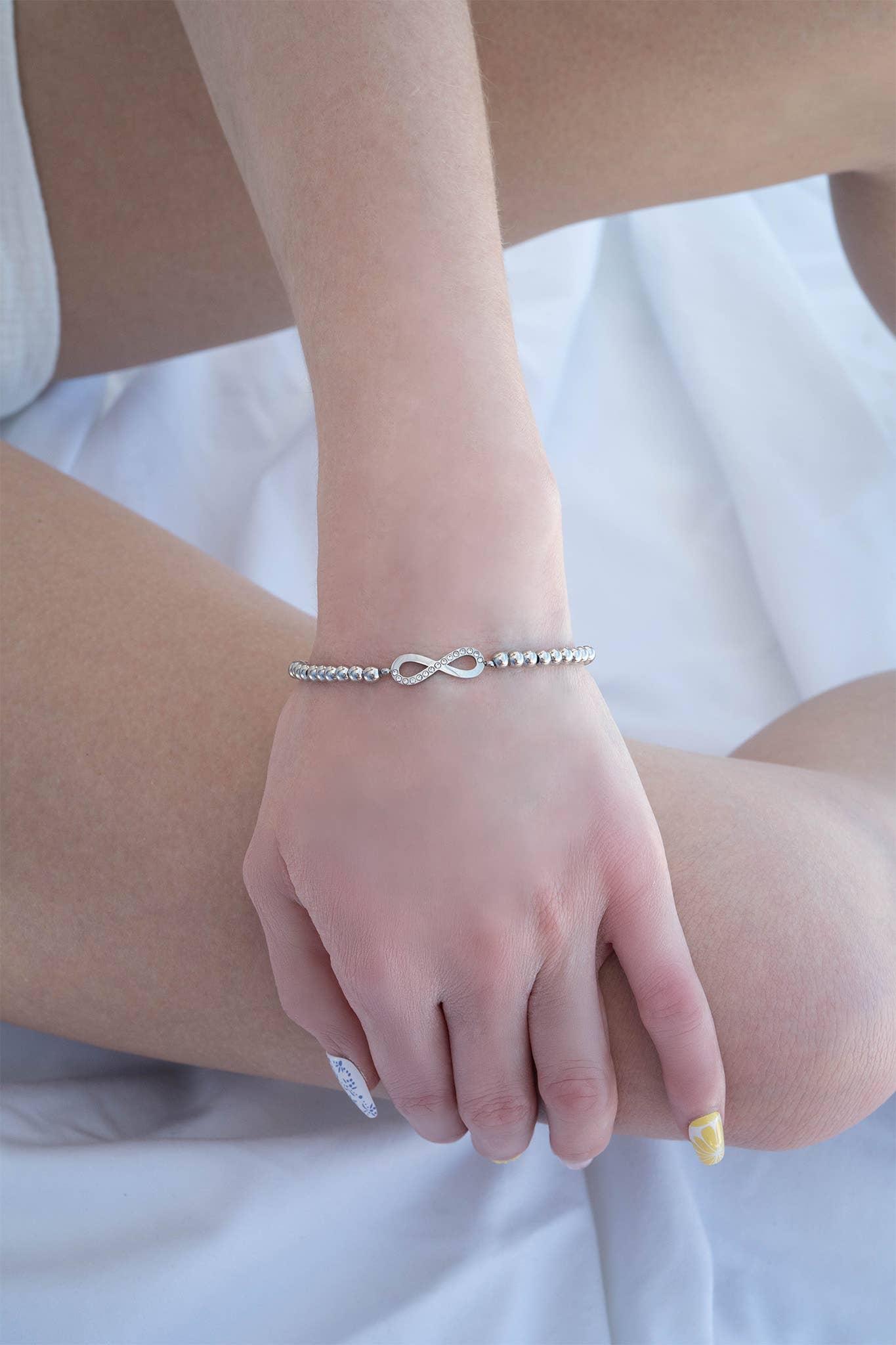 18K Gold PVD Stainless Steel Stone Infinity Sign Metal Beaded Stretch Bracelet