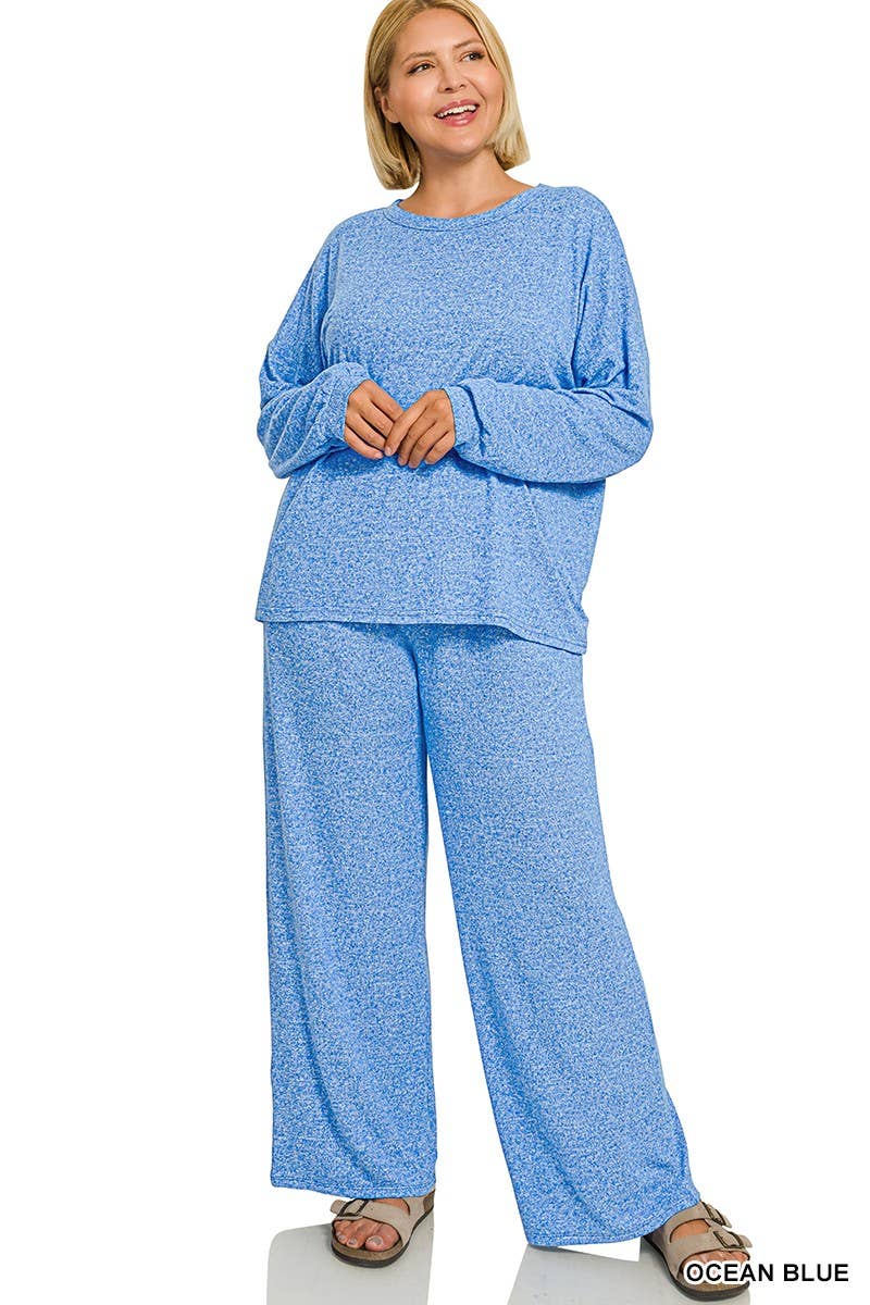 Plus Soft Melange Hacci Long Slv Tee And Pants Set