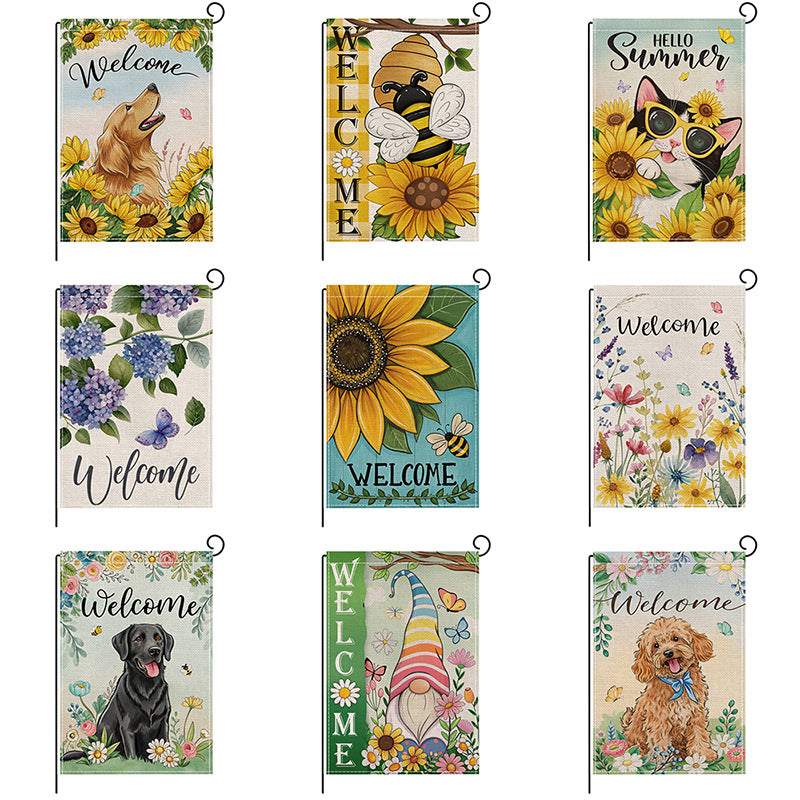 Garden Flag Double Sided Linen Sunflower Dog Cat Gnome Summer Outdoor Yard Decoration Weather Resistant Anti-Fade