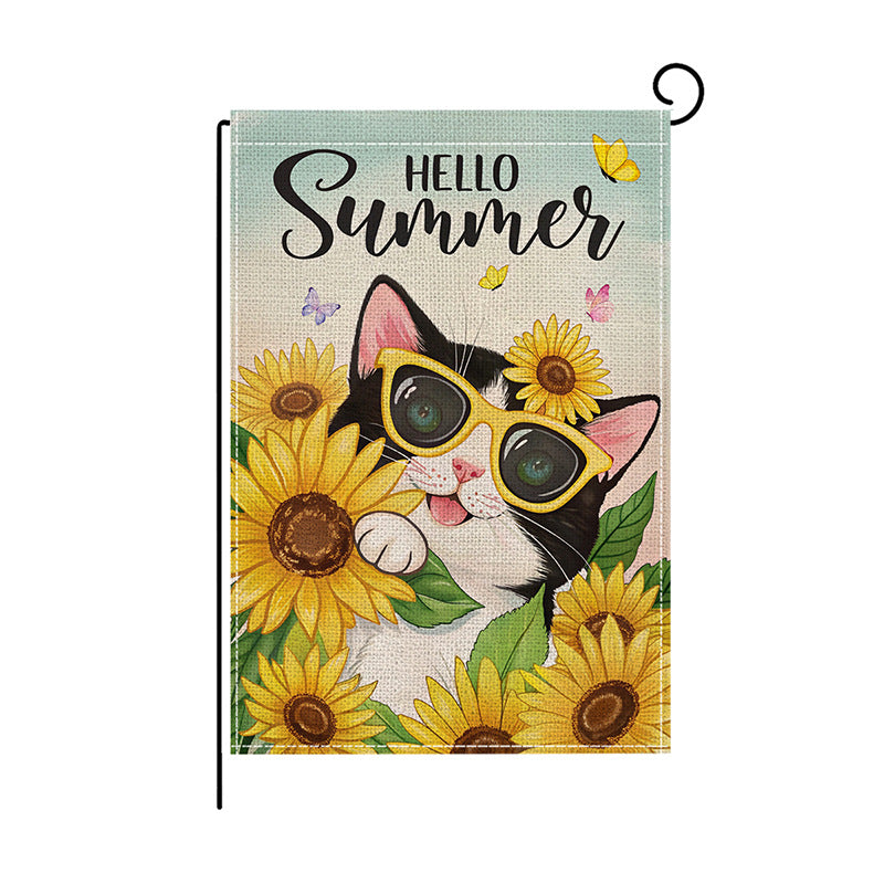 Garden Flag Double Sided Linen Sunflower Dog Cat Gnome Summer Outdoor Yard Decoration Weather Resistant Anti-Fade