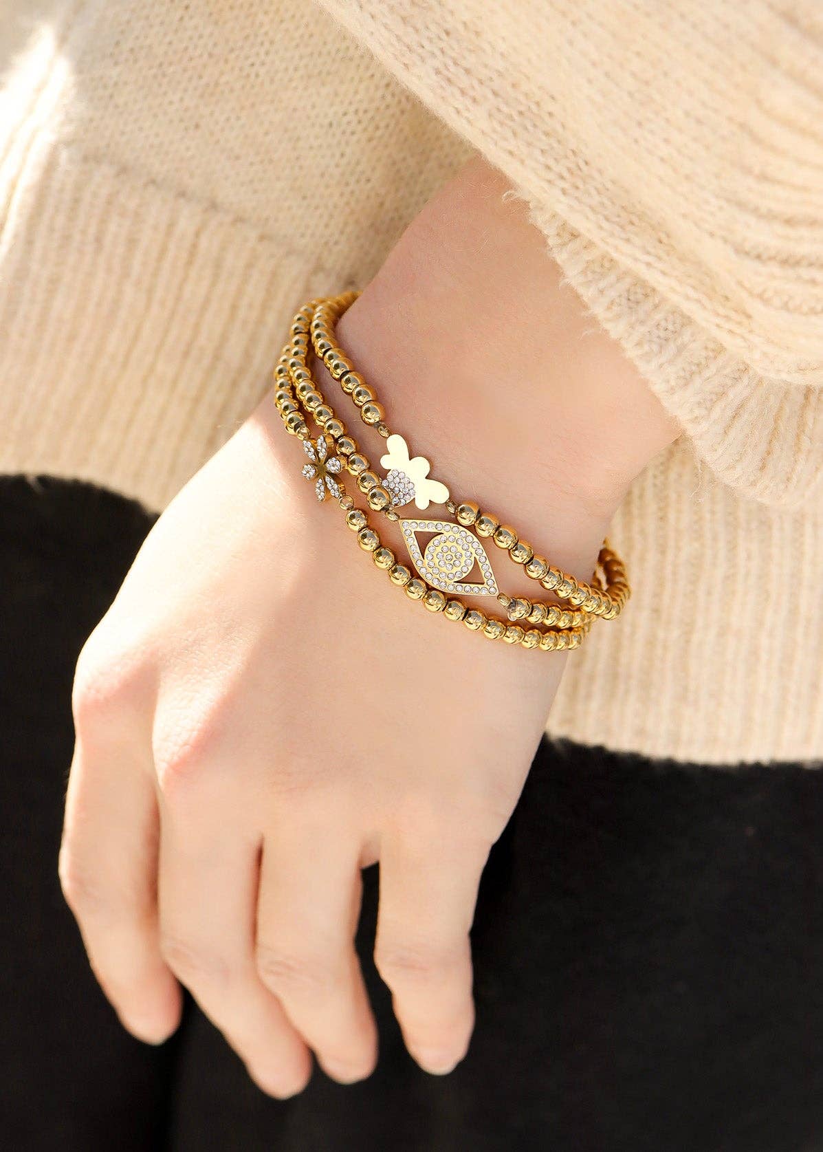 18K Gold PVD Stainless Steel Stone Bee Metal Beaded Stretch Bracelet