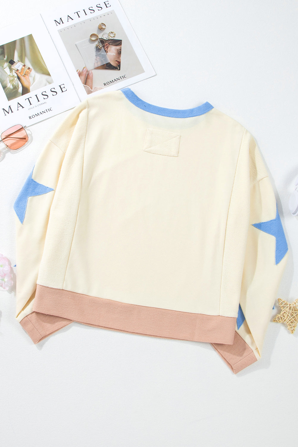 Beige Game Day Graphic Starry Patched Sleeve Contrast Trim Casual Sweatshirt