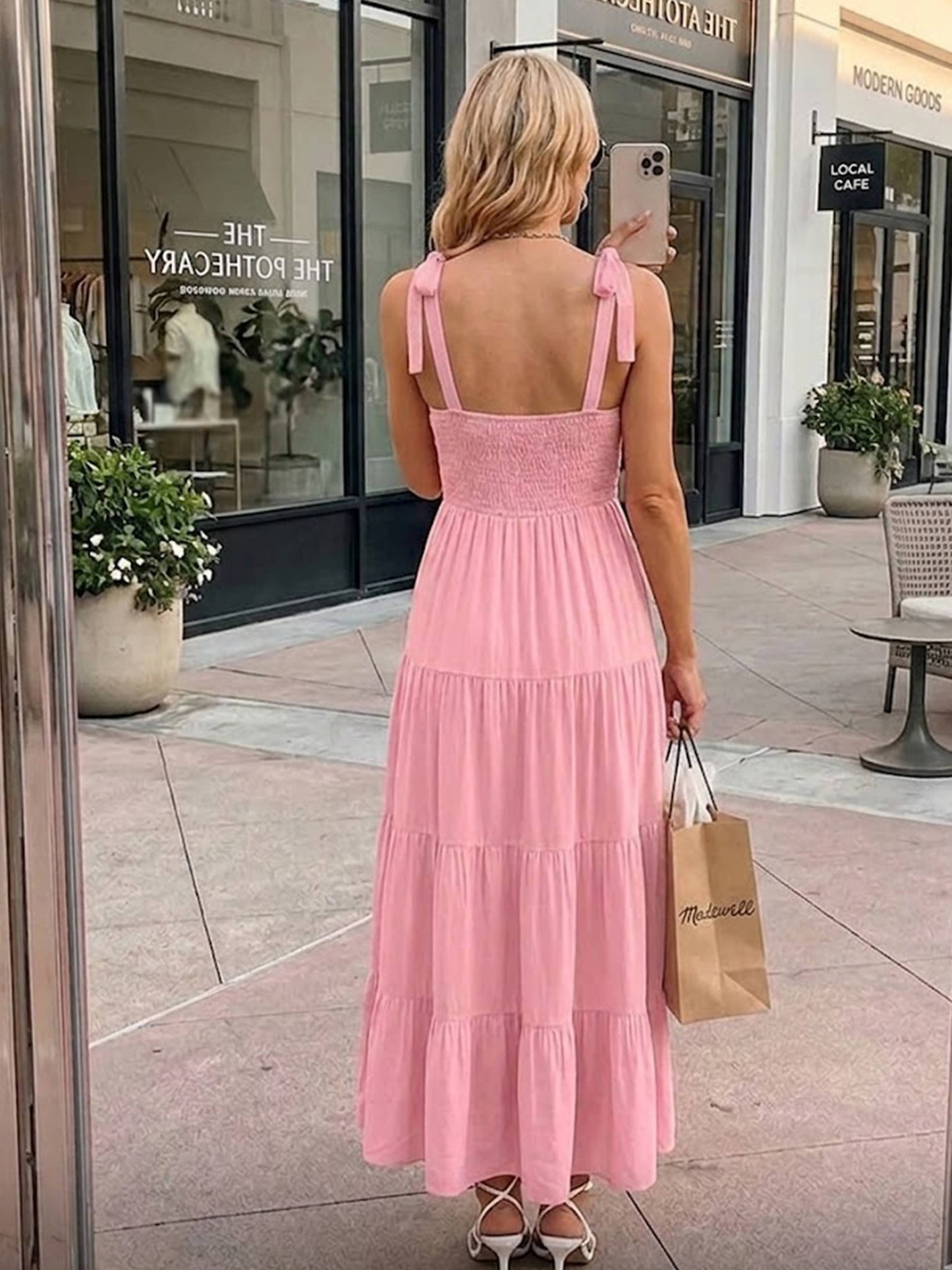Smocked Tie-Shoulder Tiered Midi Dress