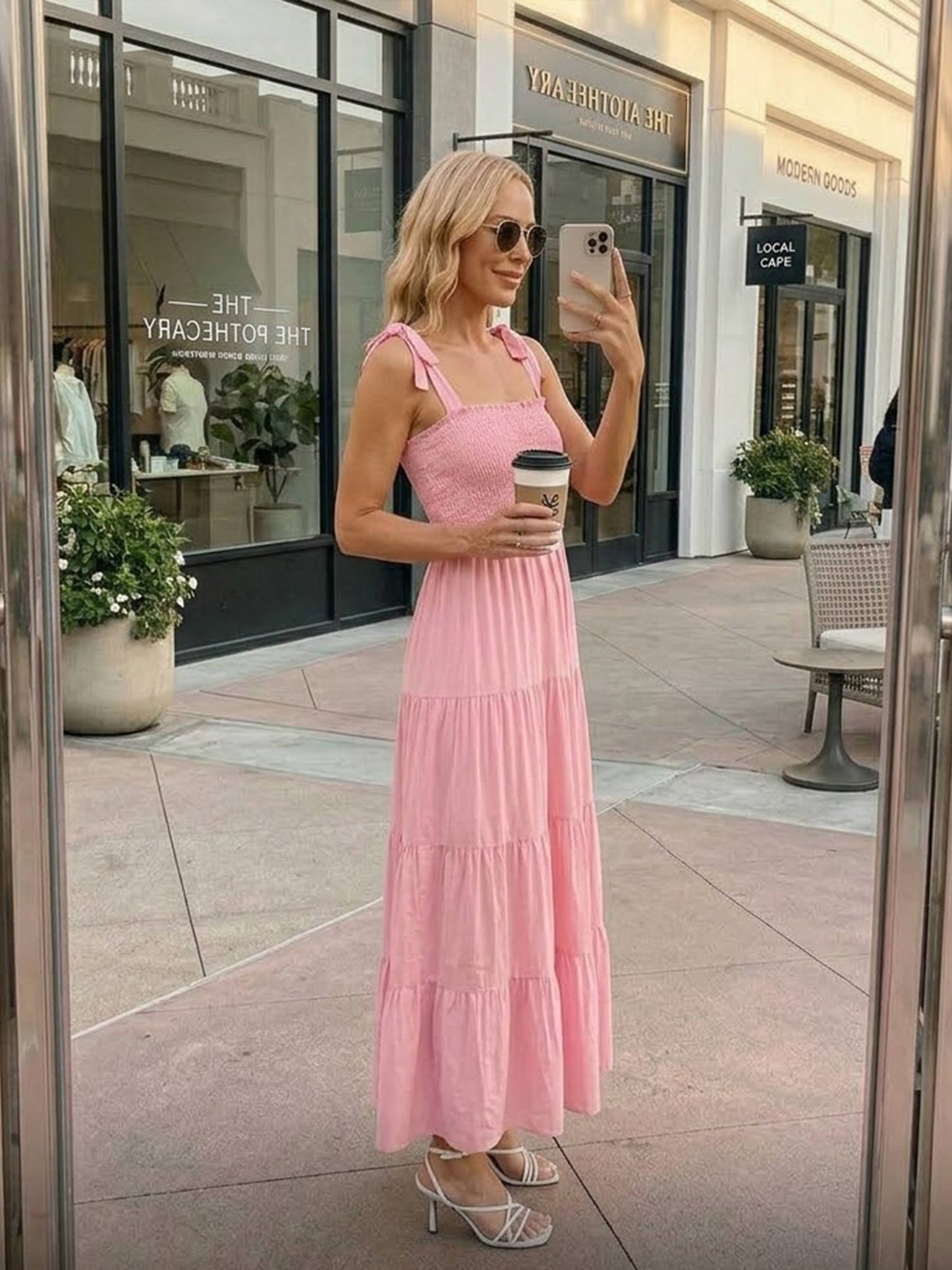 Smocked Tie-Shoulder Tiered Midi Dress
