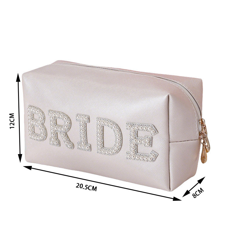 Makeup Bag PU Leather Artificial Pearl Rhinestone Letter Bride Mrs Wedding Travel Cosmetic Pouch Toiletry Organizer