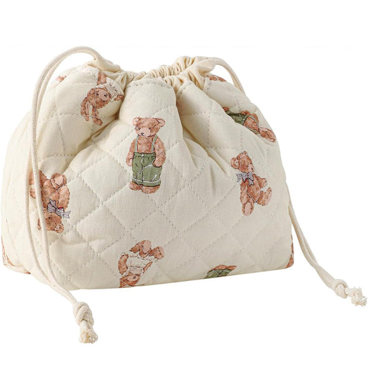Quilted Cotton Drawstring Makeup Bag Portable High Capacity Cosmetic Storage Pouch For Travel Vintage Bear Pattern