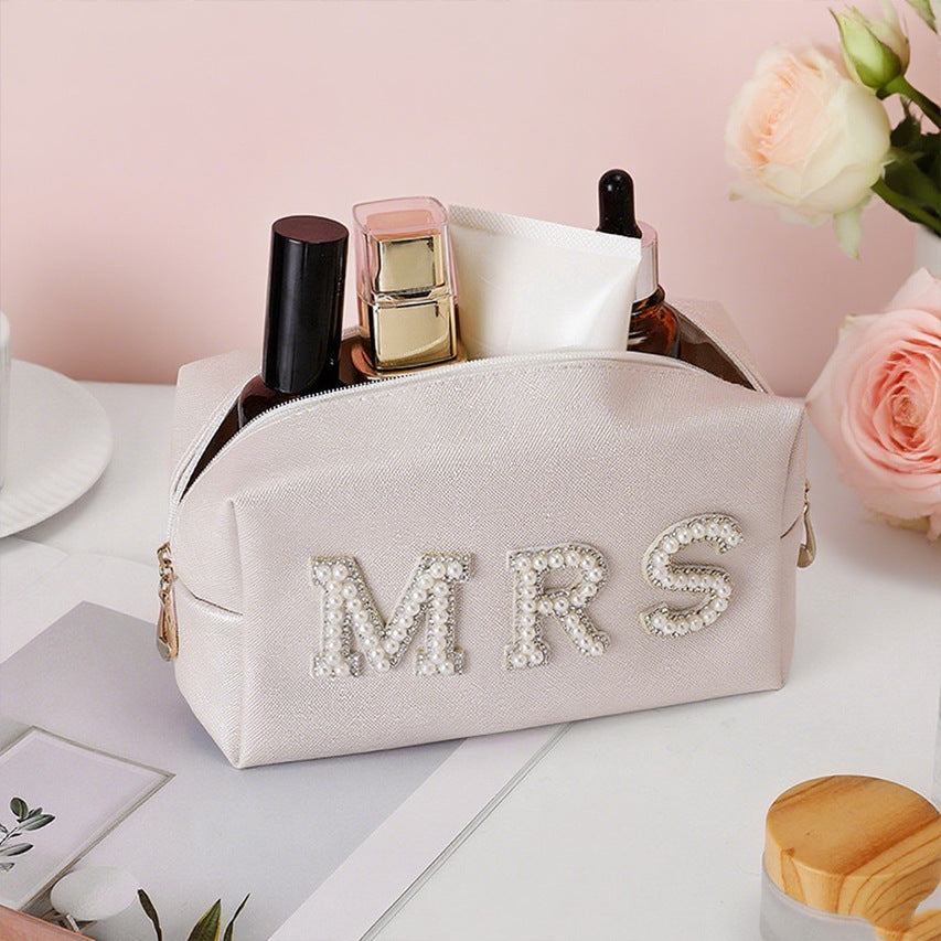 Makeup Bag PU Leather Artificial Pearl Rhinestone Letter Bride Mrs Wedding Travel Cosmetic Pouch Toiletry Organizer