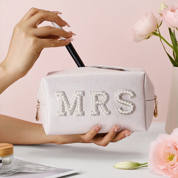 Makeup Bag PU Leather Artificial Pearl Rhinestone Letter Bride Mrs Wedding Travel Cosmetic Pouch Toiletry Organizer