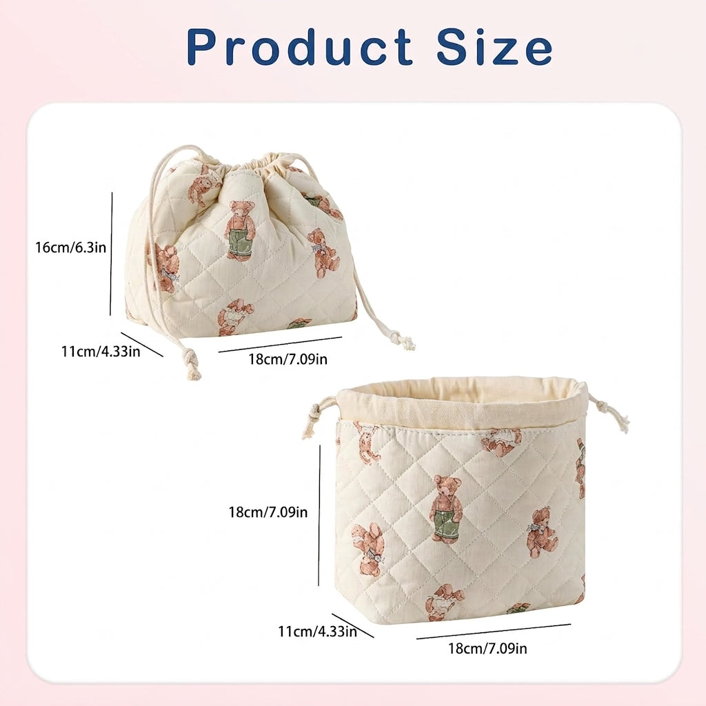 Quilted Cotton Drawstring Makeup Bag Portable High Capacity Cosmetic Storage Pouch For Travel Vintage Bear Pattern