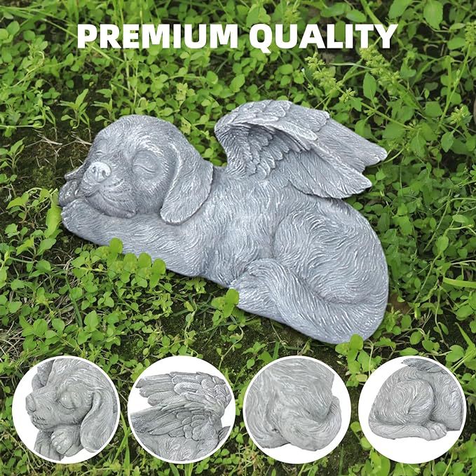 Sleeping Angel Dog Cat Statue Resin Faux Stone Pet Memorial Grave Marker Garden Ornament Decorative Figurine