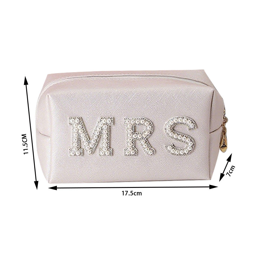 Makeup Bag PU Leather Artificial Pearl Rhinestone Letter Bride Mrs Wedding Travel Cosmetic Pouch Toiletry Organizer