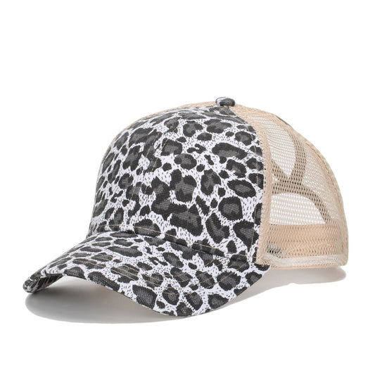 Women Leopard Print Baseball Cap Mesh Trucker Hat With Ponytail Hole Criss Cross Adjustable Sun Protection Cotton Polyester