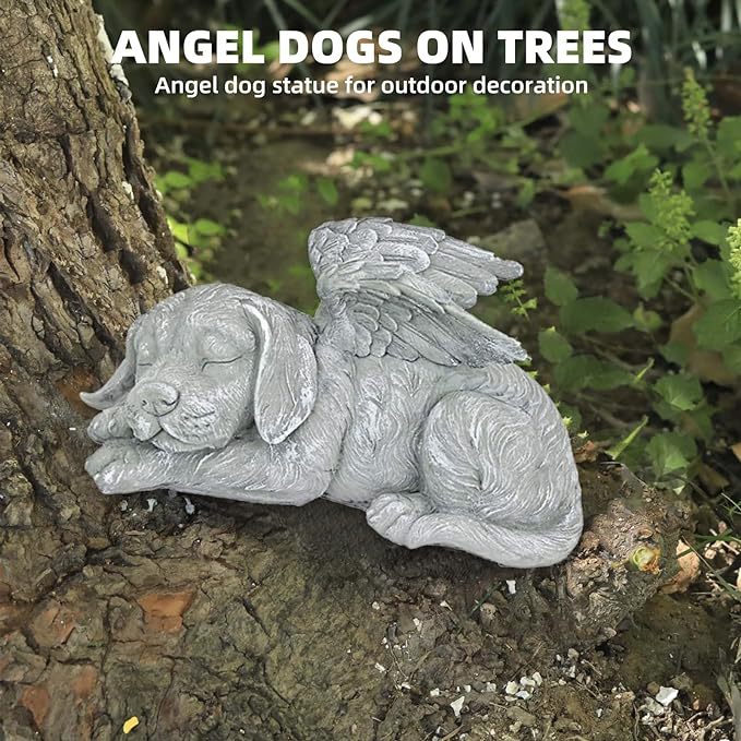 Sleeping Angel Dog Cat Statue Resin Faux Stone Pet Memorial Grave Marker Garden Ornament Decorative Figurine
