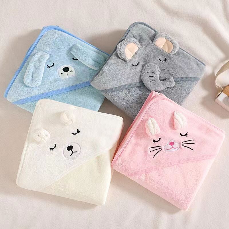Baby Hooded Bath Towel Soft Coral Fleece Absorbent Cartoon Animal Cloak Swaddle Blanket For Newborns Infants