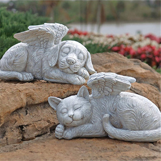 Sleeping Angel Dog Cat Statue Resin Faux Stone Pet Memorial Grave Marker Garden Ornament Decorative Figurine