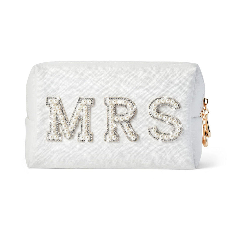 Makeup Bag PU Leather Artificial Pearl Rhinestone Letter Bride Mrs Wedding Travel Cosmetic Pouch Toiletry Organizer