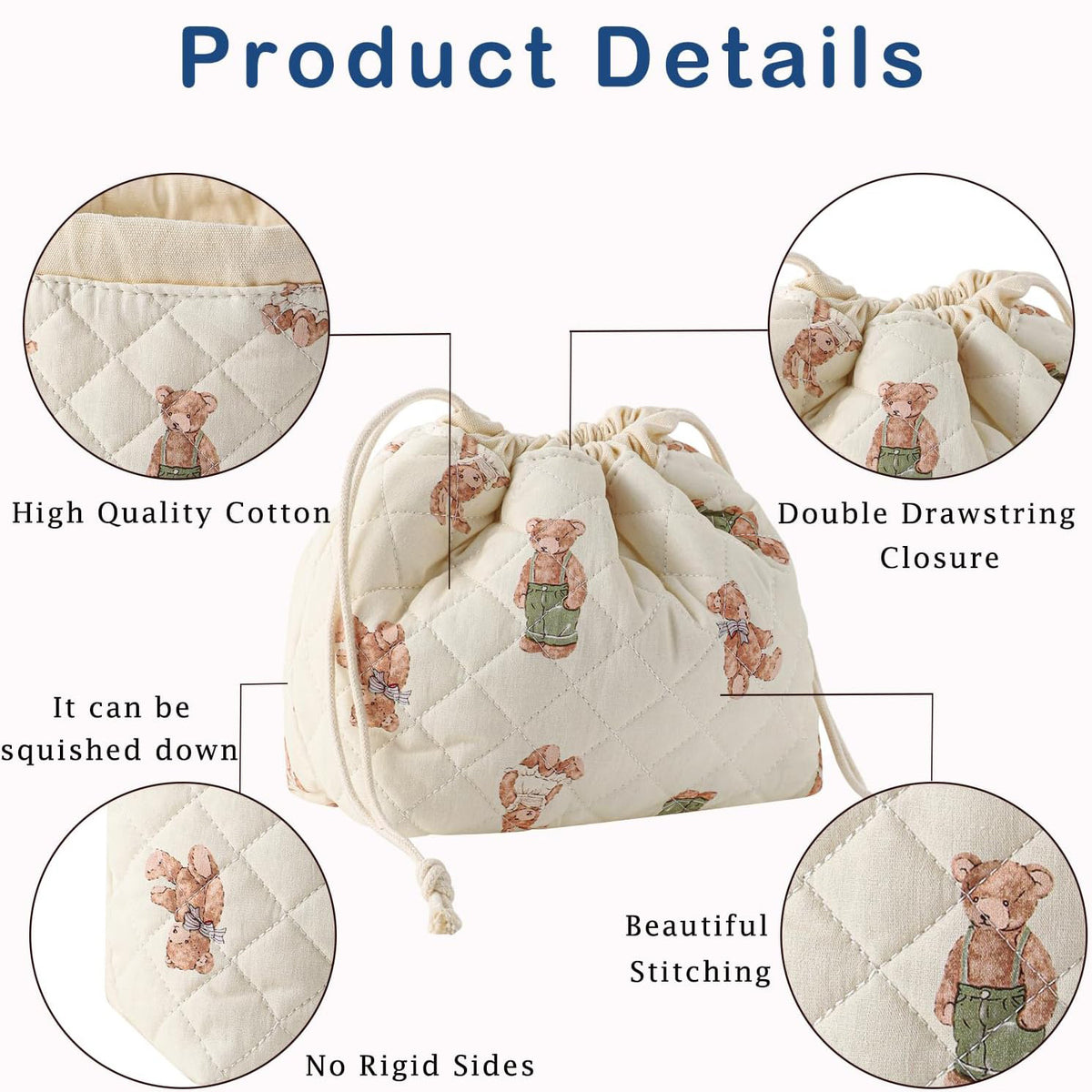 Quilted Cotton Drawstring Makeup Bag Portable High Capacity Cosmetic Storage Pouch For Travel Vintage Bear Pattern