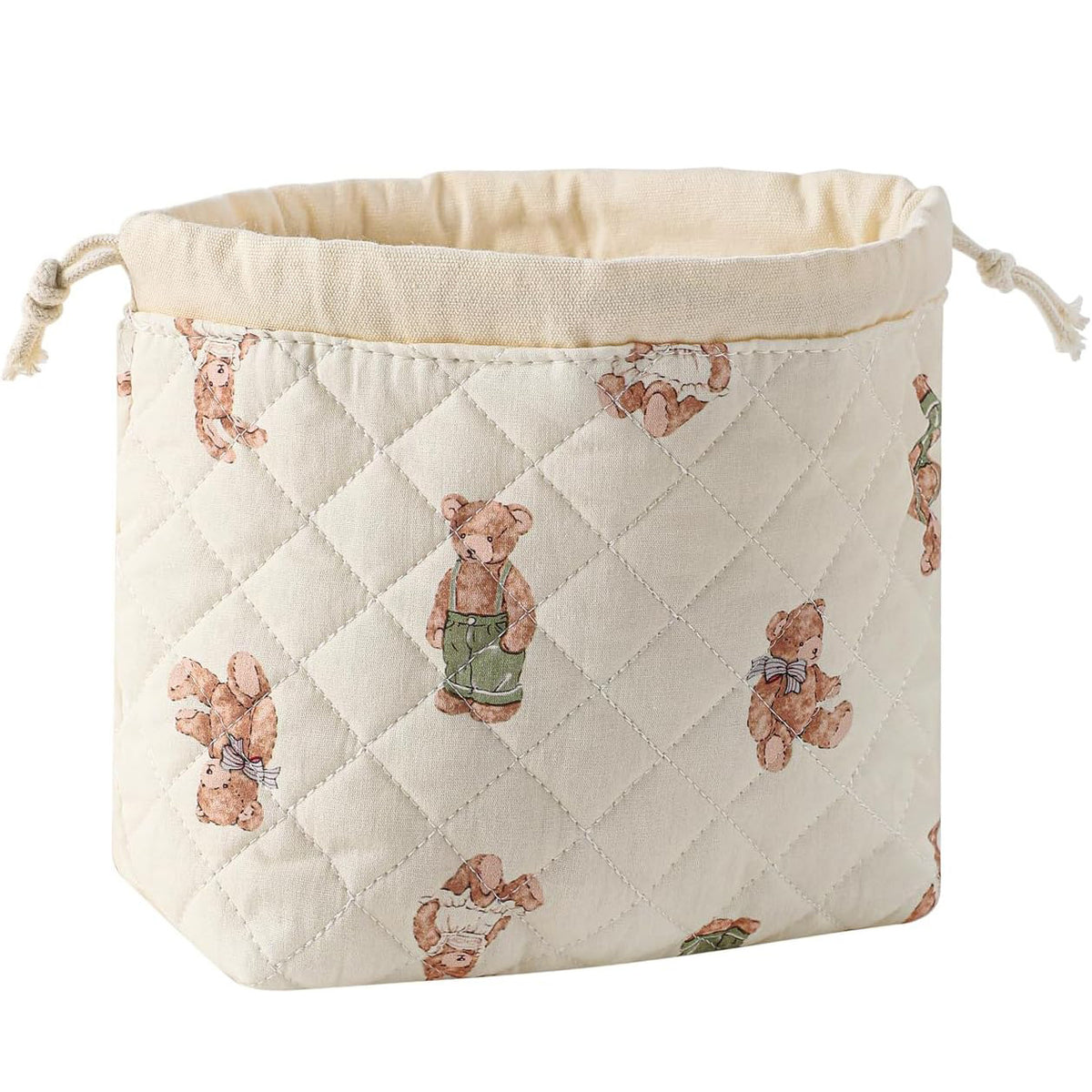 Quilted Cotton Drawstring Makeup Bag Portable High Capacity Cosmetic Storage Pouch For Travel Vintage Bear Pattern