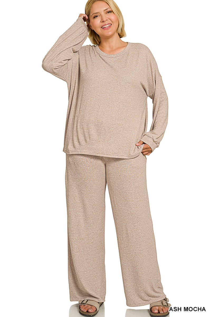 Plus Soft Melange Hacci Long Slv Tee And Pants Set