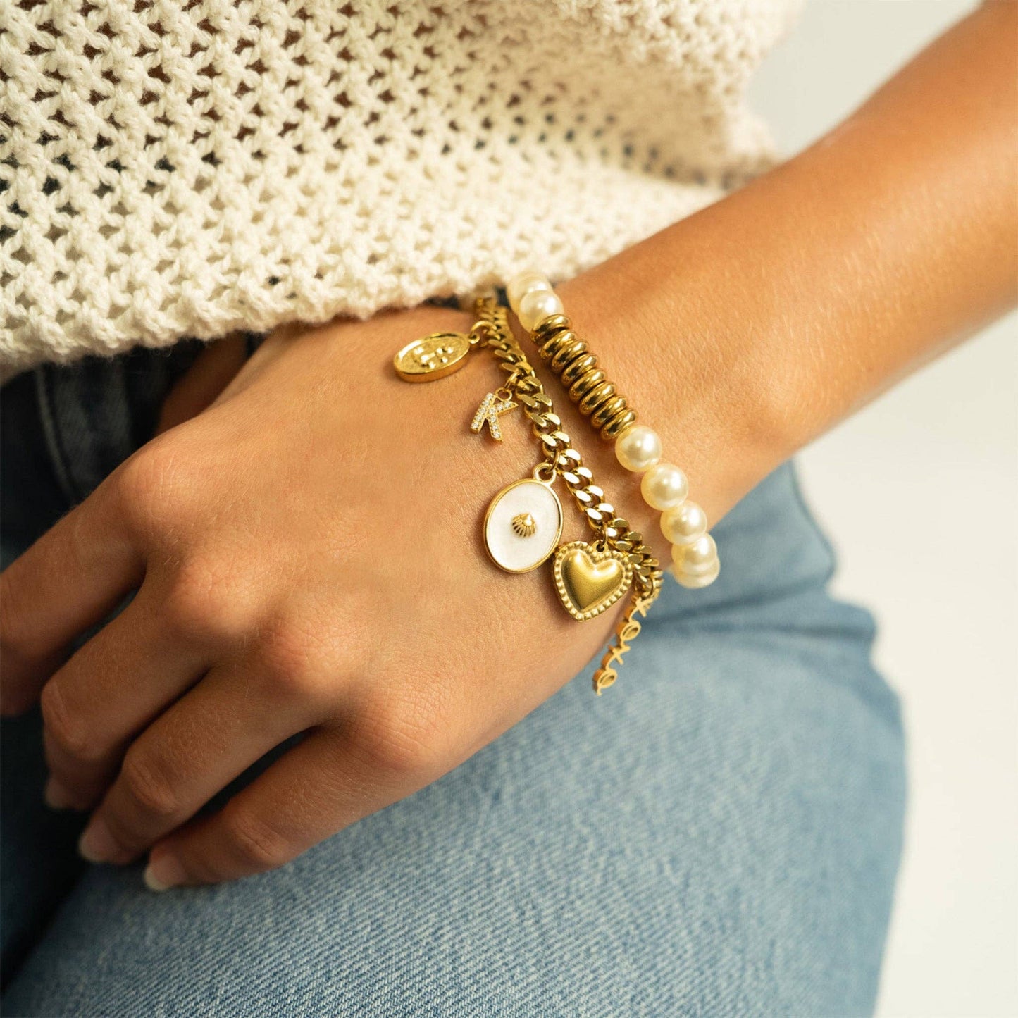 18K Gold PVD 8mm Kiska Glass Pearl Stretch Bracelet
