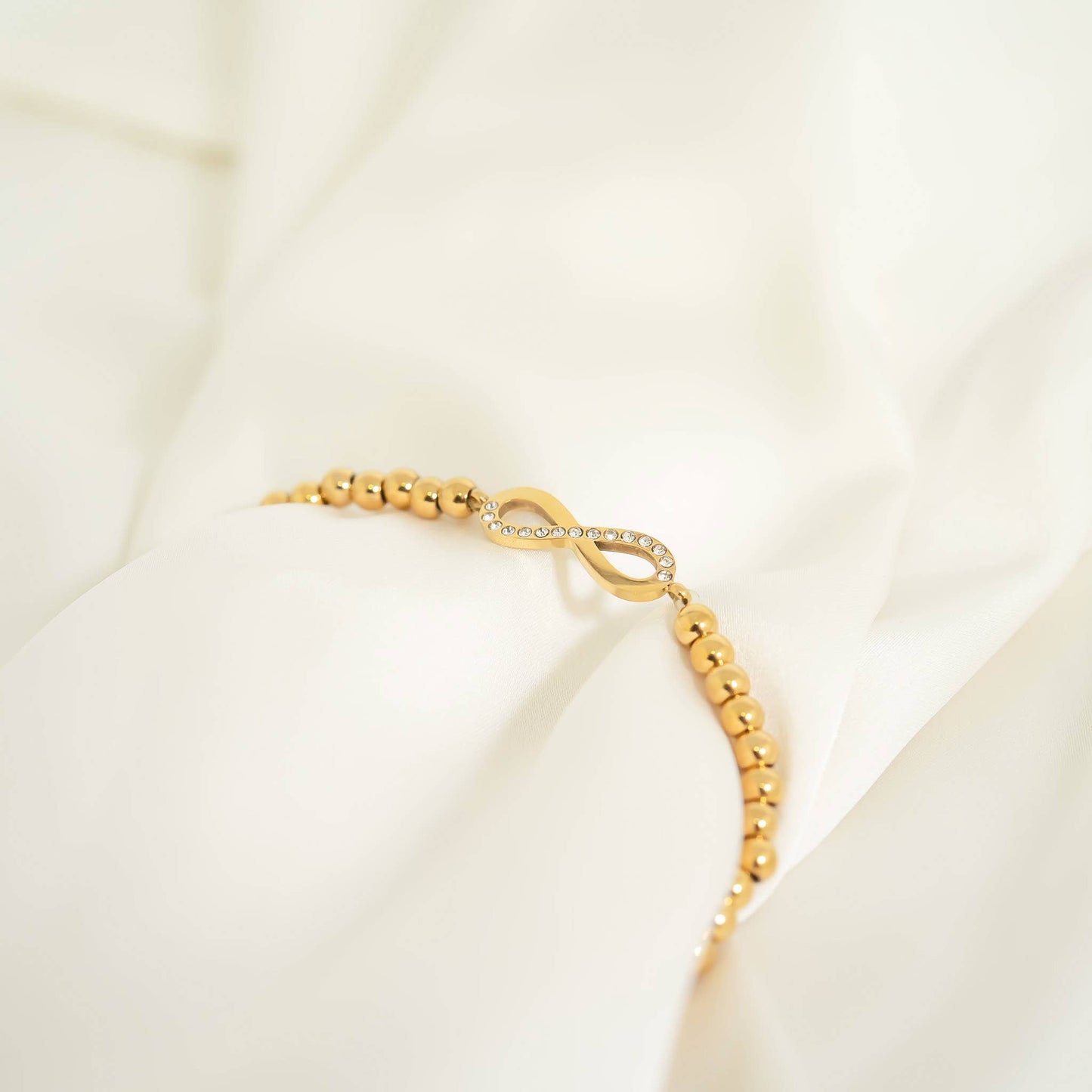18K Gold PVD Stainless Steel Stone Infinity Sign Metal Beaded Stretch Bracelet