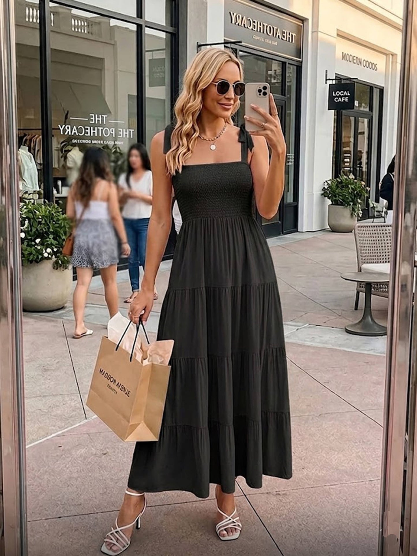 Smocked Tie-Shoulder Tiered Midi Dress