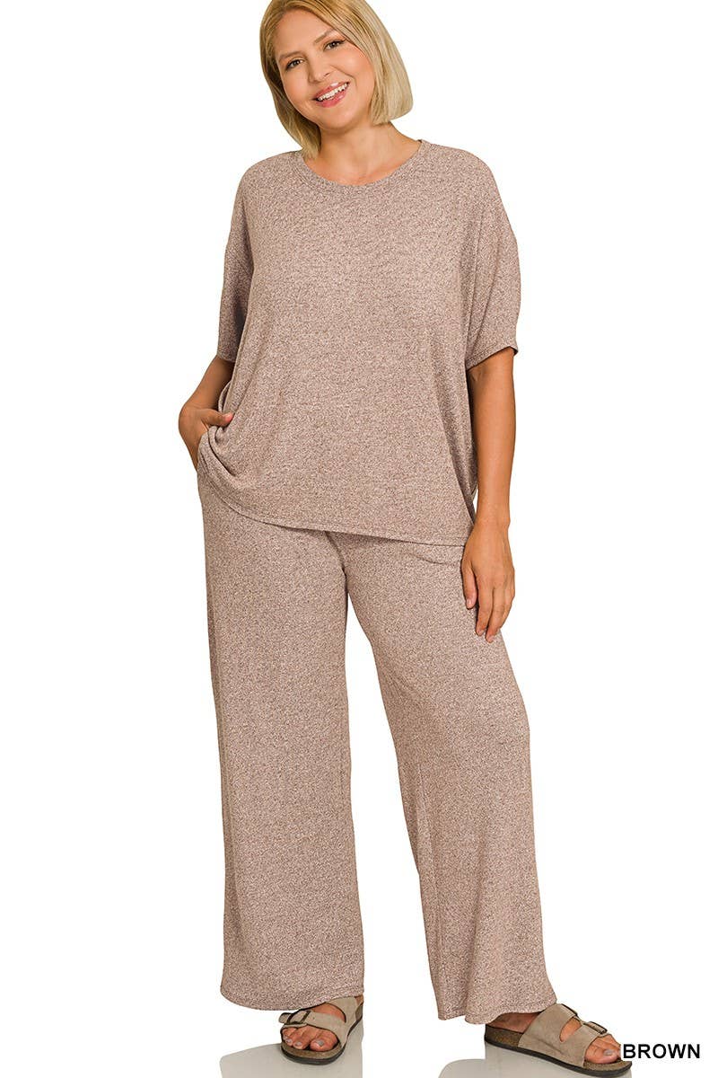 Plus Soft Melange Short Sleeve Tee And Long Pants Set