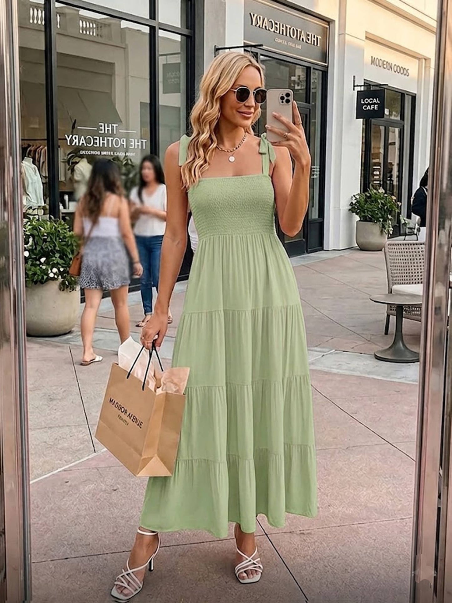 Smocked Tie-Shoulder Tiered Midi Dress