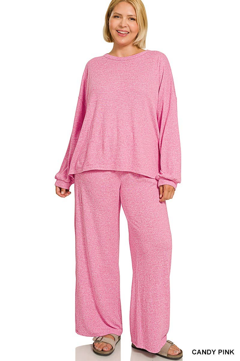 Plus Soft Melange Hacci Long Slv Tee And Pants Set