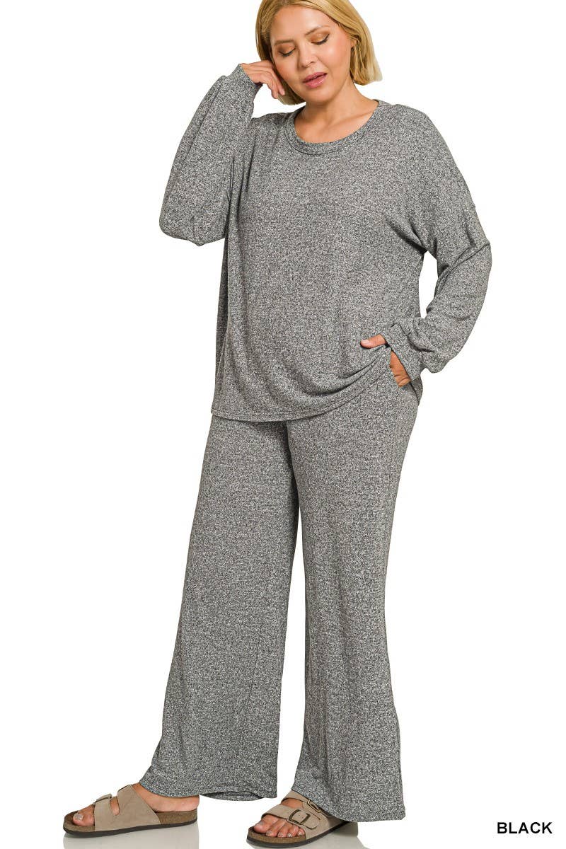 Plus Soft Melange Hacci Long Slv Tee And Pants Set