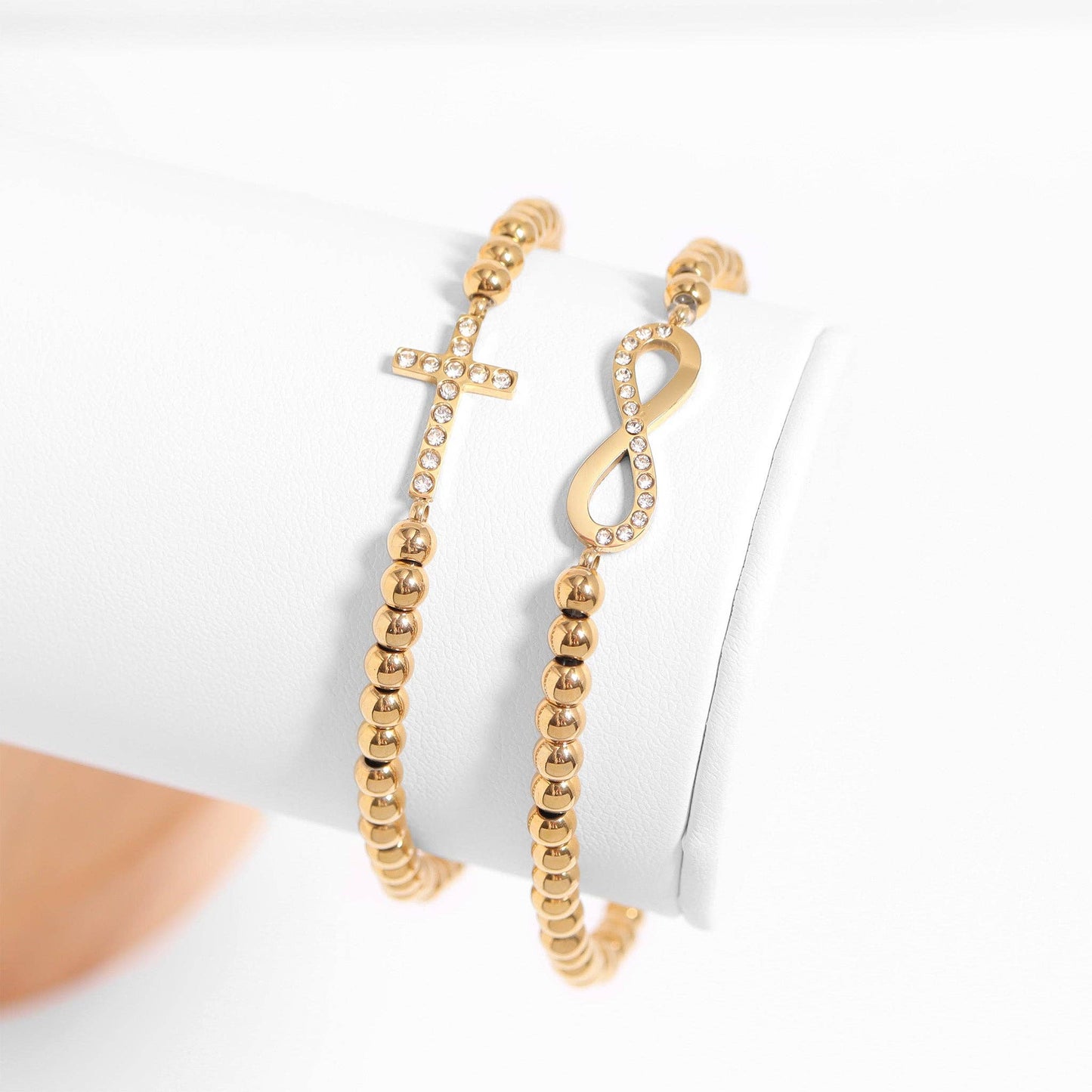 18K Gold PVD Stainless Steel Stone Infinity Sign Metal Beaded Stretch Bracelet
