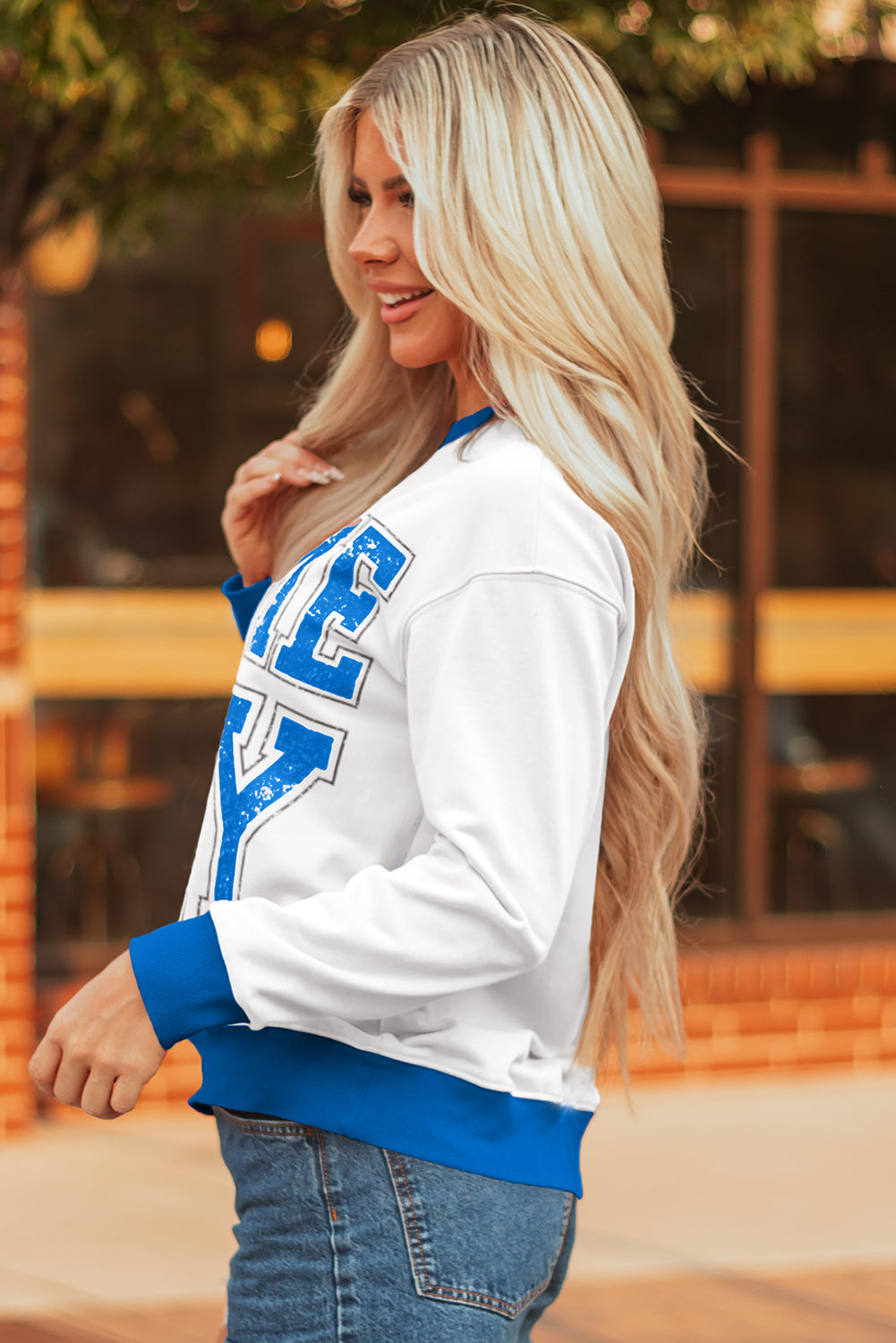 White GAME DAY Letter Graphic Varsity Striped Detail Baggy Sweatshirt