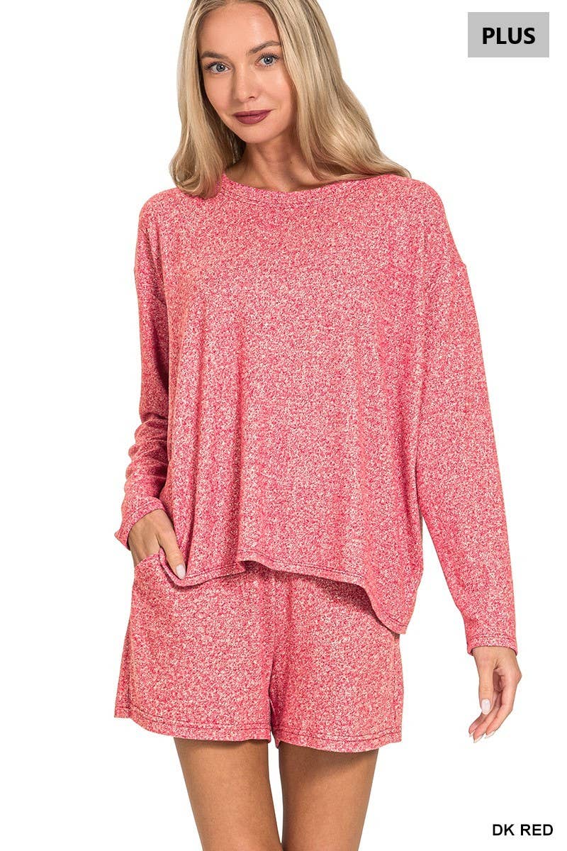 Plus Soft Melange Long Sleeve Tee And Shorts Set