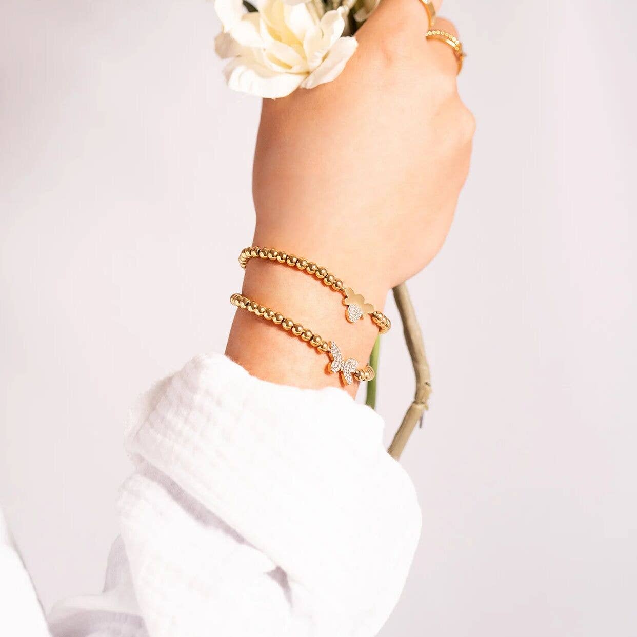 18K Gold PVD Stainless Steel Stone Bee Metal Beaded Stretch Bracelet